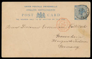 1887 commercial usage of 3c blue Postal Card to Saxony with 22mm 'SINGAPORE/OC5/87' cds & a very fine strike of the rare French mailboat 'POSS.ANGL/6/OCT/87/PAQ FR No7' d/s in red ('N' Omitted; Salles #1934var with sans serif year), creased at left with c