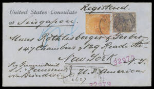 1888 (Dec) cover with printed 'United States Consulate/at ("Singapore")' at upper-left to the USA "Per German Mail/SS Preussen/via Brindisi", 8c orange & 10c slate tied by light but largely discernible 'CONSUL OF THE UNITED STATES/SINGAPORE' intaglio seal