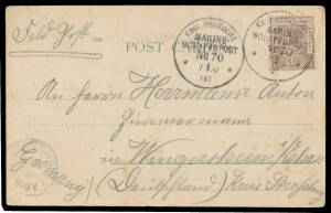 1900 PPC of the Singapore (?) "Cricket Club" endorsed "Feld Post" to Germany with Straits 3c brown tied by 'KAIS DEUTSCHE/MARINE-/SCHIFFSPOST/ No 70 /7 10/00' cds, 'WINDERSHEIM' arrival cds, minor soiling. The ship was en route to China in response to the