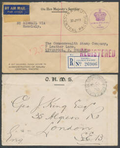 POSTAL HISTORY: 1921-53 scarce group of stampless official covers to Australia (2), Great Britain (4, two registered), New Zealand or the United States (2), four with 'OFFICIAL PAID/NAURU' cds, three different variants of the '[crown]/ADMINISTRATION/OF/NA