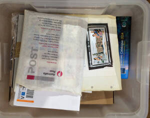 Box with extra Davo pages & mounts, scrappy used collection, modern issues still in packets as received, brand new Davo 64pp stockbook, etc. NO RESERVE.