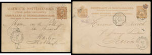 NETHERLANDS INDIES: 1881 & 1891 different style 7&frac12;c Postal Cards to Holland or France each with 'N-I AGENT SINGAPORE' cds (apparently the ERD & LRD for this marking), the first also with very fine '89'-in-diamond-of-dots cancel used by the Dutch Postal Ag