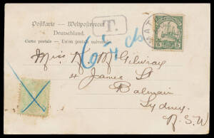 1904 usage of PPC ("Landschaft bei Nusa") with the message headed "SS Gotha" (?), to NSW with 5pf only tied by 'MATUPI' cds, rare 'T.'-in-octagon h/s over mss "6&frac14;cts", CofA Filled Tablet 1d Postage Due with blue cross cancel, minor blemishes.