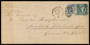 INWARDS MAIL: 1897 triple-rate commercial cover endorsed "p Lark" from NSW to the Landes Hauptmann (= army captain) at Friedrich-Wilhelmshafen with 2&frac12;d & 5d tied by Sydney duplex, central fold & a little truncated at left, some soiling.