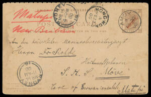 INWARDS MAIL: 1900 commercial usage of Hong Kong '4 CENTS' on 3c Postal Card (reply half) to the ship's doctor aboard SMS "M&ouml;we" c/- the German Consulate at Matupi with superb 'AMOY/ A /FE20/00' cds & Hong Kong transit cds, apparently missent to Sydney wh