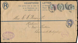 INWARDS MAIL: 1900 usage of British 2d Size K Registration Envelope with superb 'J & W GOFFEY' (shipping company) cachet at lower-left and rare franking of Jubilees 1&frac12;d & 1/- green vertical strip of 3 (one badly damaged) tied by oval 'REGISTERED/EXCHANGE-