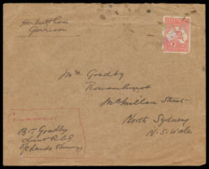 1914 cover to Sydney with 1d Roo (faults) tied by straight-line 'Herbertsh&ouml;he' h/s (Powell #11) in violet, endorsed "Herbertshoe [sic]/Garrison" at upper-left & self-censored with "Censored/BT Goadby/Lieut RAS/oc Lands & Survey" at lower-left no other mar