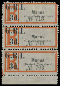 1915 'G.R.I./3d.' on German Registration Labels 'Manus/(Deutsch Neuguinea)' SG 39 three singles that were originally a vertical strip [Stg C Pos 3], the upper unit with corner fault at upper-left, large-part o.g., Cat &pound;975.