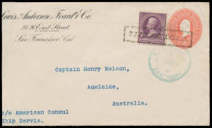 1901 & 1902 commercial covers 1) to New York with NSW 1d & 2d x2, some toning; & 2) US 2c Envelope from California to Adelaide with 3c violet, trimmed at left on opening; both with boxed 'LOOSE LETTER.' cancel & 'NZ MARINE PO/RMS SONOMA' cds in greenish b