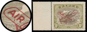 1930 Aeroplane Overprints Harrison Printings 1/- sepia & olive as SG 117 but with the Overprint in Dark Carmine and additionally with 'AI,R MAIL' Variety, the gum a little tropicalised as usual & a minor gum blemish but unmounted. Unlisted by Gibbons. Chr