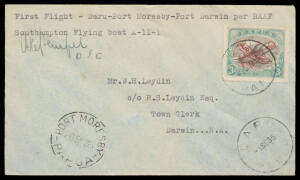 1935 (Sep 1) Daru-Port Moresby-Darwin AAMC #P90a with typed endorsement & signed by the pilot "AE Hempel", Port Moresby arrival b/s of 5SE35, forwarded 26SE35 with Darwin arrival b/s of 27NO35, a little aged, Cat $600.