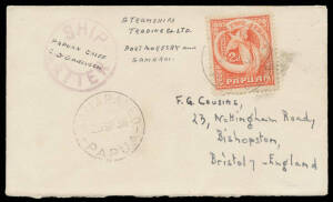 1938 cover endorsed "Steamships/Trading Co Ltd/Port Moresby and/Samarai", to GB with Pictorials 2d Bird of Paradise tied by 'SAMARAI ED' cds and very scarce albeit philatelic usage of rubber 30mm 'SHIP/("PAPUAN CHIEF/GO Andersen")/LETTER' h/s (Lee #S10; 