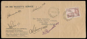 1939 (Oct 2) OHMS cover from RAAF No 11 Squadron at Port Moresby to Qantas in Sydney with 1939 Airs 8d brown, signed by members of the Squadron "CR Gurney Flt/Lt", "GE Hemsworth F/O". "W Purton F/O", "EC Sims F/Lt" and "J Alexander S/Ldr" (after whom the 