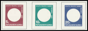 1966 South Pacific Games complete set of imperforate colour separations affixed to a single page from the printer's records. Ex Courvoisier Archives. (15 proofs)