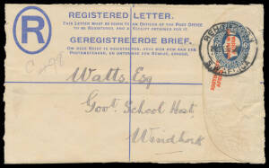 1923 South African 6d Registration Envelope size G (front only) with 'SOUTH WEST/AFRICA' Double Overprint, to Windhoek with 'REHOBOTH' cds & manuscript registration number. A spectacular error.