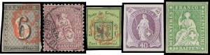 1843-81 Issues selection with Zurich 6c & Geneva 5c (thinned), 1850 set, Strubels including unused 40r, Seated Helvetias including 1862 60c & 1fr x2 and 1881 used 50c etc, also a very fine group of Standing Helvetias imperforate colour trials x13, condit