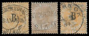 Straits Settlements Crown/CC 2c brown SG Z1 with fine large-part oval '[BORNE]O COMPAN[Y]/[FOR]WARDED/ SIAM' "chop", very fine; & 'B' Overprint on Crown/CA 8c orange SG 20 x2, one with blue "chop" & '[BAN]GKOK/AP9/84' cds, the other with superb oval '[...