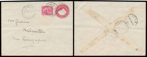 1904 apparently commercial usage of Egyptian 5m Envelope uprated with 5m tied by 'ALEXANDRIA' cds, to "Kelantan/Via Singapore", 'SUEZ' & 'SINGAPORE' transit & light but obvious Siamese-pattern 'KELANTAN/21.8.04' arrival b/s, minor blemishes. Terrific orig