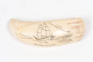 A scrimshaw whale's tooth titled "Running For Home" ♦