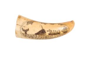 A scrimshaw whale's tooth with whaling scene ♦