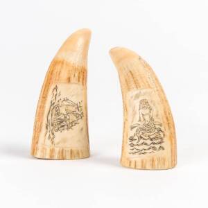 Two scrimshaw whale's teeth with mermaid & tallship ♦