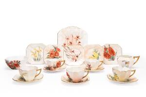MAY CLARKE Hand painted tea set decorated with Western Australian wild flowers, each piece signed and dated 1929, English fine bone Shelley porcelain. (18 pieces). Provenance: Hardey Family Collection Western Australia