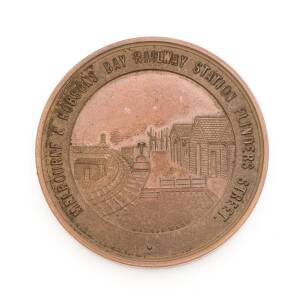 Medallion: "Melbourne & Hobsons Bay Railway Station Flinders Street" in bronze (51mm) by Stokes c.1914 for Alfred Chitty to commemorate the opening of the first steam railway, Melbourne to Sandridge 1854.  