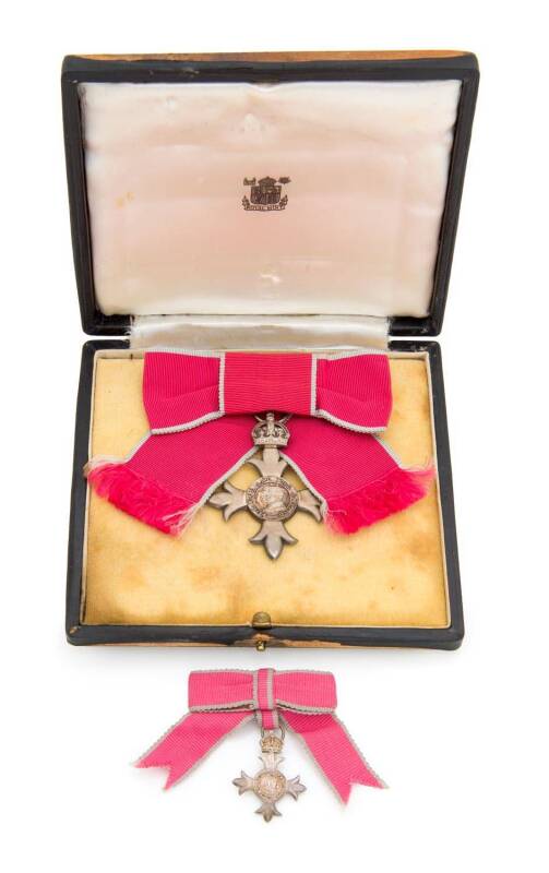 M.B.E (Most Excellent Order of the British Empire), medal & miniature in original presentation case, awarded to Mrs Olive Grant Burn for Services to the theatre in Hobart, by the Queen on 22 Feb.1954.