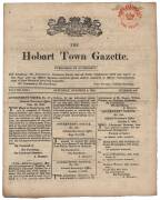 "The Hobart Town Gazette" of Saturday, October 4, 1828; with a fine strike of the TWO PENCE Newspaper Duty stamp at top right. The lead article requires Officers in command of Parties, Superintendents and others, "having Convicts under their charge or dir