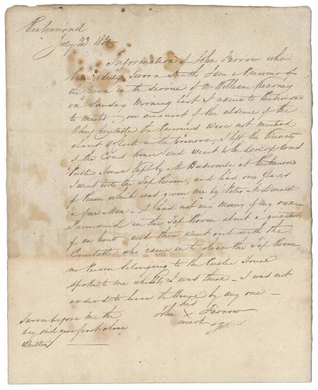 A MUSTER OF CONVICTS AT RICHMOND, VAN DIEMEN'S LAND23 July, 1830, the sworn statement of John Farrow headed "Richmond". In order to keep track of the convict population, regular musters were held to account for the "location of the felons." In this instan