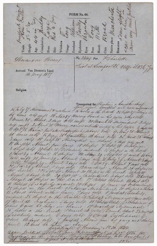 CONVICT HENRY STEVENSON - VAN DIEMEN'S LAND & NORFOLK ISLANDHenry Stevenson was 13 when convicted at Liverpool Quarter Sessions in April 1836 for stealing a handkerchief. As this was not his first offence he was sentenced to be transported for seven years