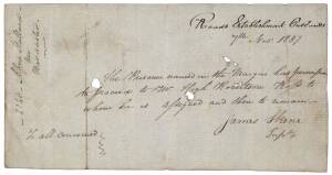 7th NOV. 1837 CONVICT "PASS" FROM VAN DIEMEN'S LANDHeaded "Roads Establishment Oatlands" the handwritten "pass" for Convict Alfred Stallard [ H.M.S. "Bardaster", in 1835; 7 years for larceny], to leave the road-gang at Oatlands to proceed to Ross, where h