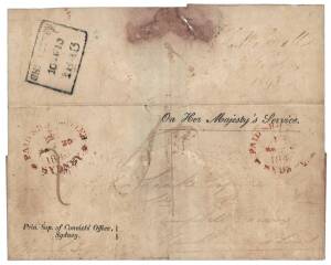 A LETTER FROM THE PRINCIPAL SUPERINTENDENT OF CONVICTS IN SYDNEYMarch 1843 OHMS outer cover with imprint "Prin. Sup. of Convicts' Office, Sydney" at lower left and addressed to a magistrate in Van Diemen's Land. The contents are largely illegible but what