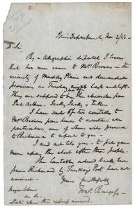 THREE CONVICTS ESCAPE FROM PORT ARTHURNovember 1843 hand-written letter from a Police Magistrate enlisting help in the re-capture of three escapees. The letter reports that two men had demanded provisions from a Mrs Brown at Muddy Plains; and that it was 