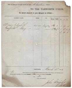 ELIZABETH DAVIS, LEFT A PAUPER FOLLOWING HER HUSBAND'S CONVICTION March 18th, 1844 printed form from The Guardians of the Poor of the Atherstone Union, about the cost of keeping Elizabeth Davis, a pauper from Tamworth.