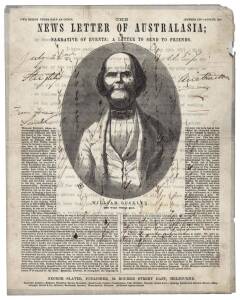 WILLIAM BUCKLEY, THE WILD WHITE MAN:"THE NEWSLETTER OF AUSTRALASIA" Number XIV - August 1857 [George Slater, Melbourne] with an engraved portrait of William Buckley by Frederick Grosse and a lengthy manuscript letter dated July 1857 and concerning the bet