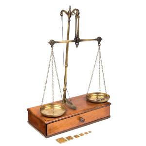 Gold buyer's scales and assorted weights, circa 1850