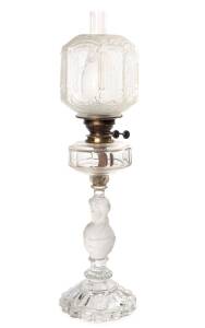 Antique glass oil lamp with original acid etched shade