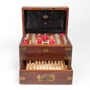 An apothecary set in brass bound mahogany box