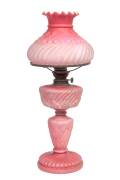 A ruby satin glass oil lamp with original shade, 19th&nbsp;C.