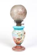 A hand painted glass oil lamp with Duplex double burner and original acid etched shade&nbsp;