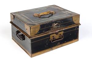 A traveling deed box with lift out tray and compartments, original painted Japanned finish with gilt decoration, mid 19th century