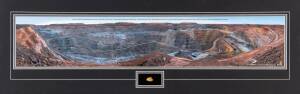 SUPER PIT DISPLAY, comprising 4g gold nugget, window mounted with photo of Fimiston Open pit, known as the Super Pit in Kalgoorlie, framed & glazed, overall 99x37cm.