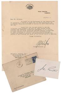 CHIFLEY, Ben [Australia's 16th Prime Minister: 1945-49] full autograph on Prime Ministerial letterhead, typed message to Alfred B. Strauss (New York) together with the original addressed envelope. Also, "John Curtin" autograph on small card. (3 items).