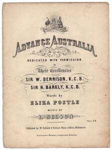 SONG SHEET: "Advance Australia" (1859) “the first song lithographed, and the first national song published in Victoria,…” (from notes by lyricist Eliza Postle).