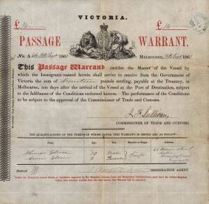 1861 Victorian ‘PASSAGE WARRANT’ (270x265mm) with imprint ‘By Authority: John Ferres, Government Printer, Melbourne’ vertically at left, entitling a ship’s master to a payment of £14 for the carriage of two children aged 8 and 10  (apparently unaccompanie