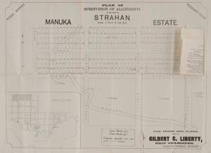 Tasmanian real estate advertising broadsides "Lots for Sale at Hobart on Tuesday 23rd June 1885. COPPING" 36.5 x 36cm; "MANUKA, Strahan Estate" with attached amendment, late 19th century, 57.5 x 42cm. (2 items)