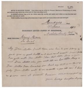 PRISONER'S LETTERS FROM MUDGEE GOALA group of (3) letters written on "G.186" forms provided to prisoners periodically, depending on the relationship of the correspondent: 1885 (Jan.) letter from Thomas Lambert to his mother; 1896 (April) letter from Mary 