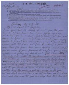 A LETTER FROM H.M. GOAL, PENTRIDGE1885 (Sept.5) complete hand-written letter on prison letterhead, addressed to Mr. J. Singleton from the convicted rapist, Charles Hansen; with COBURG despatch and MELBOURNE arrival datestamps.Hansen [or Hansson], a Swede 