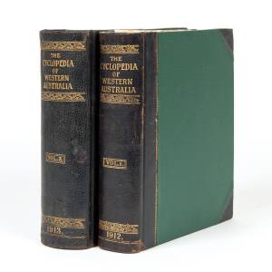 BATTYE, J.S. (Editor): "The Cyclopedia of Western Australia" in 2 volumes [Hussey & Gillingham, Adelaide, 1912 & 1913] 776pp + 1025pp. partially rebound with new endpapers, preserving the original leather spines with gilt titles. Numerous illustrations.Vo